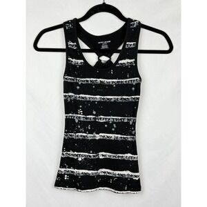 DKNY Jeans Vintage Y2K Black Striped Ribbed Tank Top Paint Splatter XS Emo Scene
